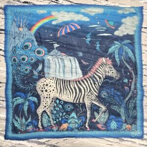 EMMA J. SHIPLEY "The Lost World" Zebra Fantasy Magic Blue Wool Square Scarf 50"